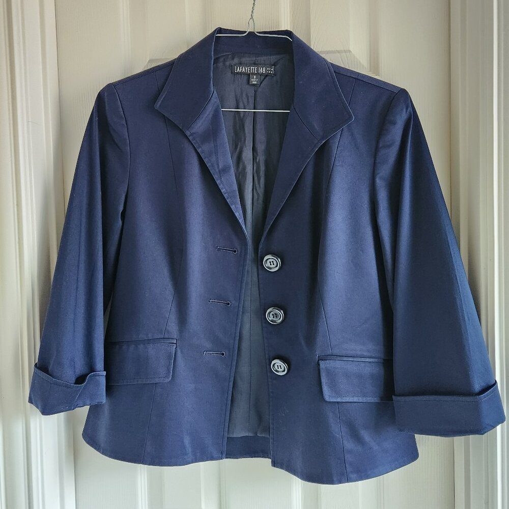Lafayette 148 New York Navy Stretch Cotton 3-Button Classic Blazer 8 Minimalist